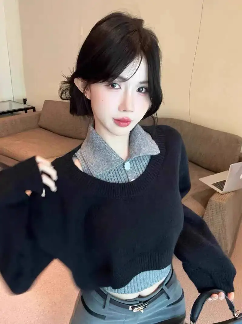 

Women's Crop Top Knitting Sweater Autumn Winter Women Set New Preppy Style Sweater Set Short Knit Two Piece Lazy Collared Top