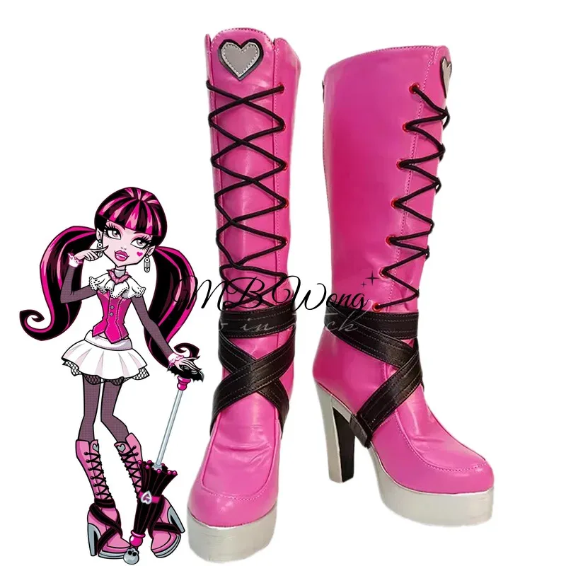 Anime Monster High Draculaura Cosplay Shoes Boots Pink Long Boot Laura Role Play Uniform Halloween Carnival Party Outfit Props