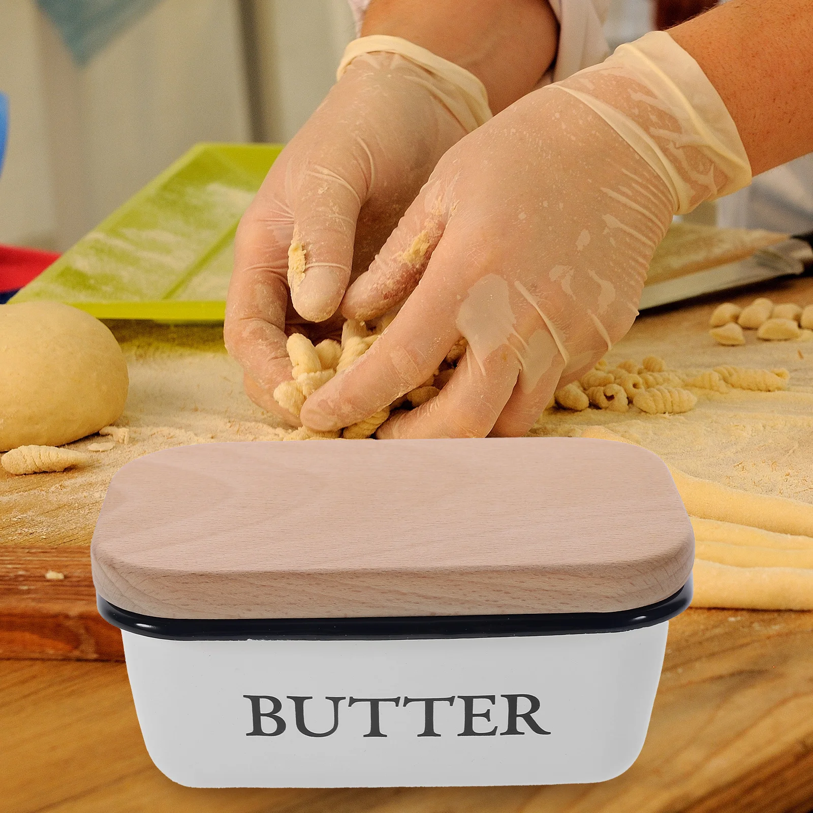 

Enamel Butter Container Wood Lid Butter Box Cheese Keeper Fresh Storage Box Kitchen Use Cheese Containers