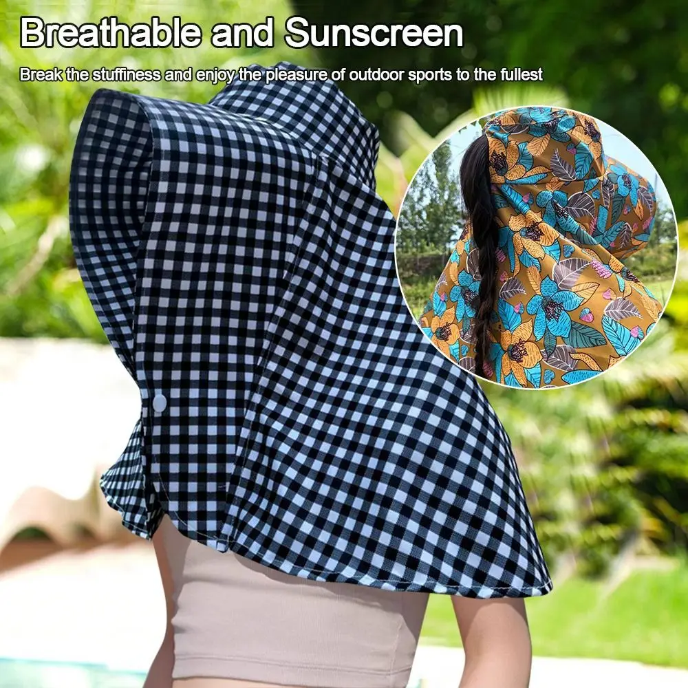 أزياء كبيرة حافة قبعة الشمس تنفس المضادة للأشعة فوق البنفسجية الشمس قناع قبعة مع أزرار خاطفة الرقبة الحرس شال الشاي قطف قبعة الصيف