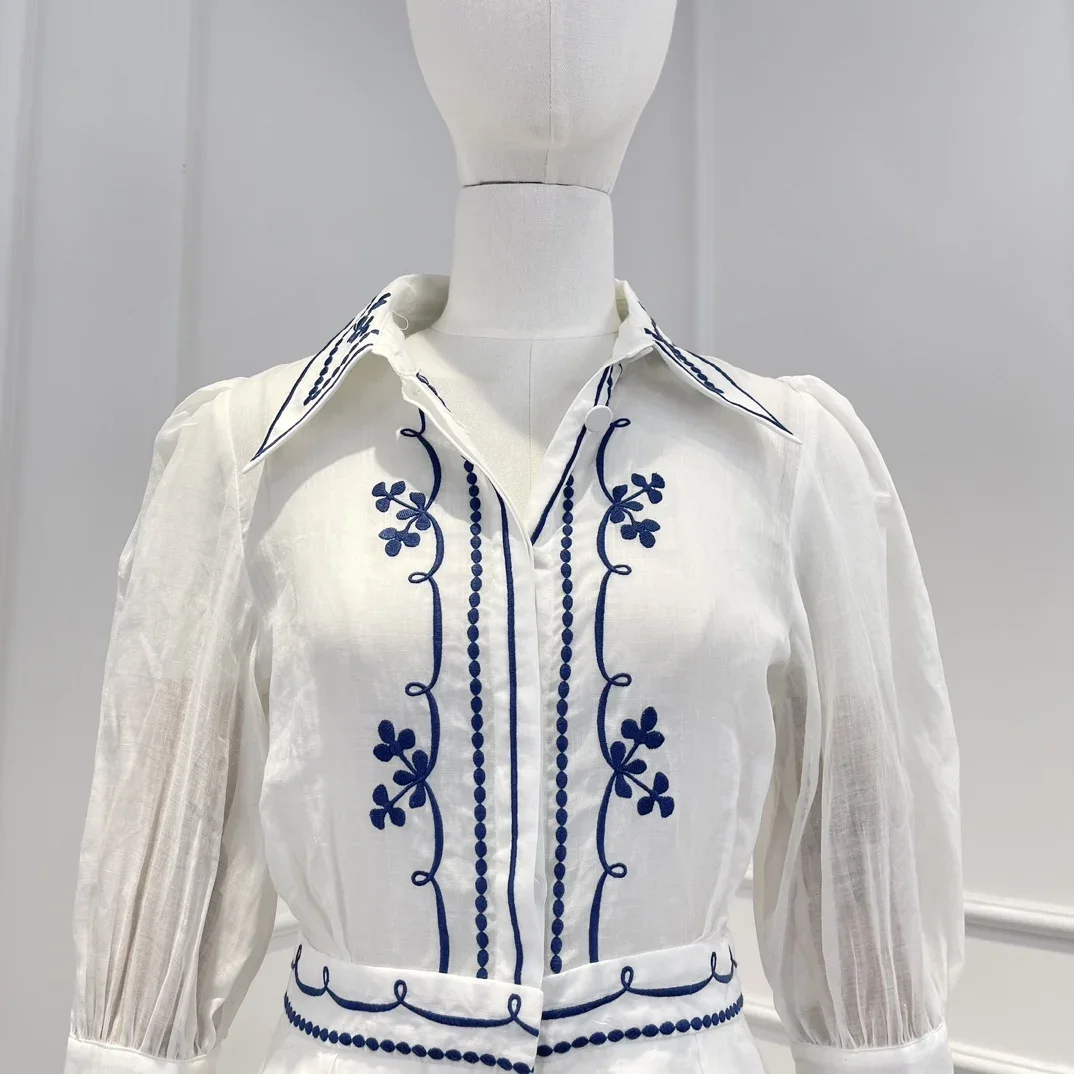 New Spring Summer Vintage Ramie Top Quality 2023 Puff Sleeve Navy Blue Embroidery Woman White Short Playsuit