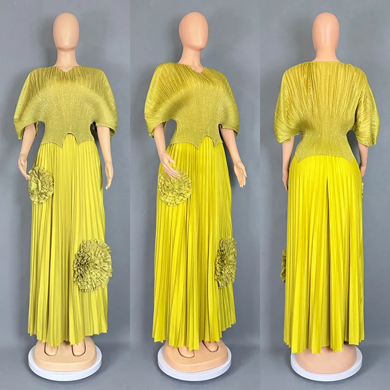 

Plus Size 2 Piece Set African Women Bronzing Butterfly Sleeved Top and Pleated Skirt Set Clothing Flower Ankara Dashiki Outfits