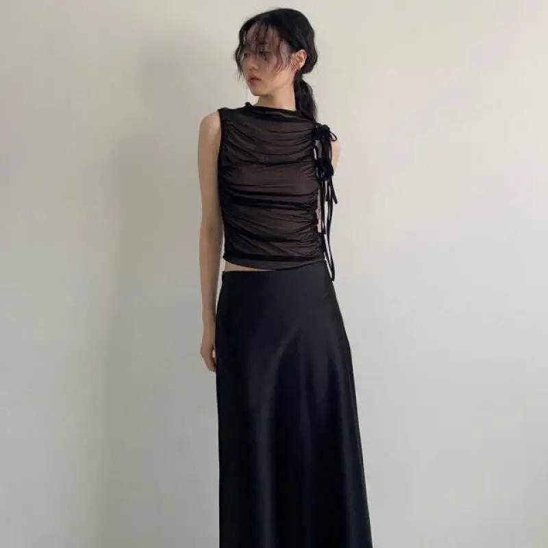 Seeslim Korean Fashion Tank Tops Sleeveless Tshirts Fold Lace Up Summer Tops 2000s Clothes Y2k Mesh Tops Streetwear Tanktop Chic