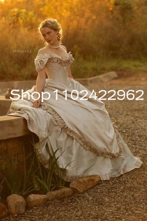 19th Century Victorian Bustle Prom Occasion Dresses Ruffles Off Shoulder Champagne Edwardian Southern Belle Evening Gown