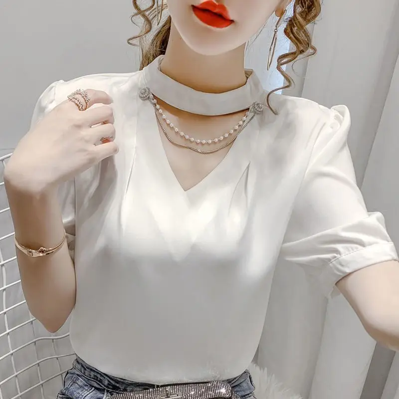 Fashion Spliced Beading Hollow Out Puff Sleeve T-Shirt Women\'s Clothing 2023 Summer New Oversized Casual Tops Sweet Tee Shirt