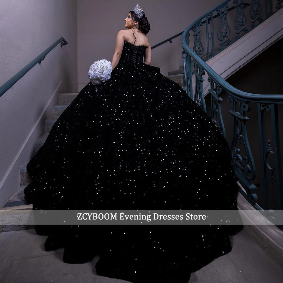 Luxury Sparkly Black Sequined Ball Gown Quinceanera Dresses 2023 Sweetheart Lace Up Back Party Prom Gowns Vestidos De 15 Años