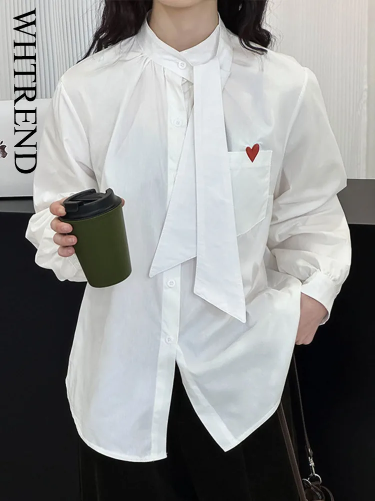 

WHTREND Белая рубашка для женщин в корейском стиле с вышивкой в виде сердца, милые свободные однобортные рубашки WH1707