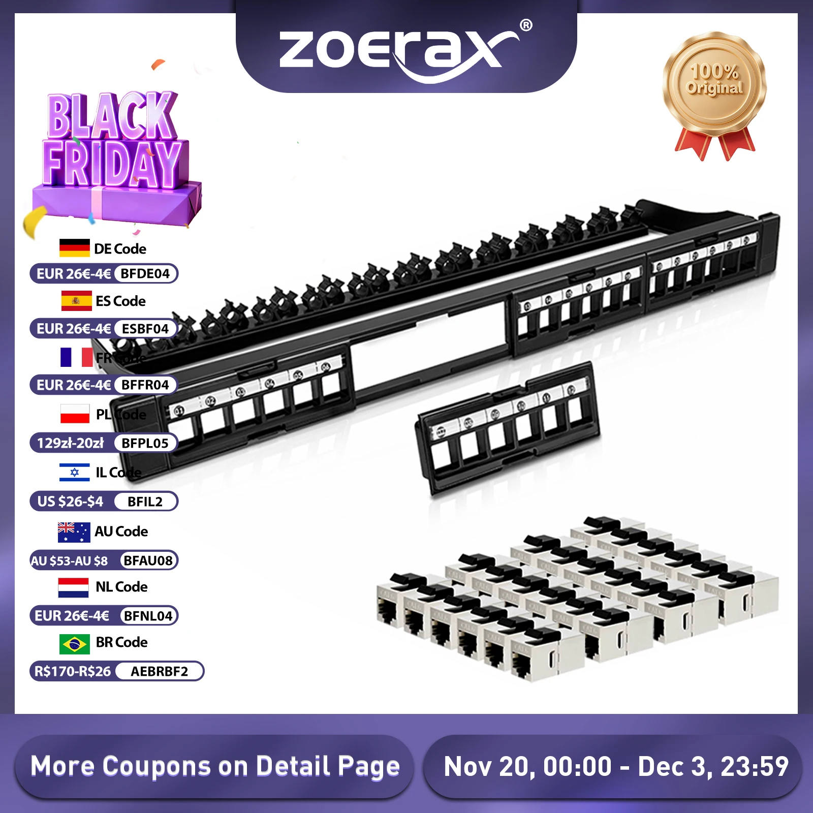 

ZoeRax 24-Port Unshielded Patch Panel with Cat7 Cat6A Cat6 Cat5E Coupler Removable Inserts 19-Inch/1U Network Patch Panel