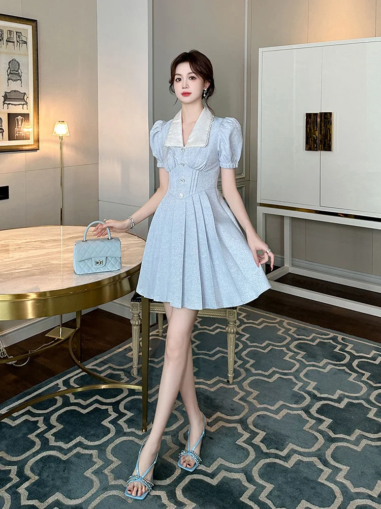 French Gentle and Sweet Waist Doll Collar Dress for Women Summer New Slimming Look and Fluffy A-Line Skirt