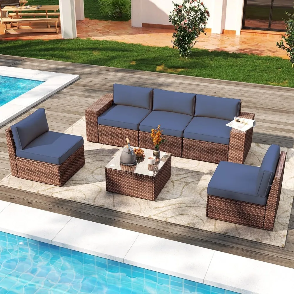 7 Pieces set  44” Fire Pit Table Outdoor Sectional Sofa Include Waterproof Cover with Thickened Cushions and Glass Coffee Table