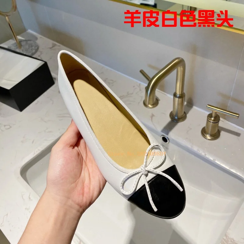 Bowknot Flats Ballet Dance Shoes for Women\'s Four Seasons Sheepskin Real Leather Round Toe Shallow Mouth Comfortable Shoes