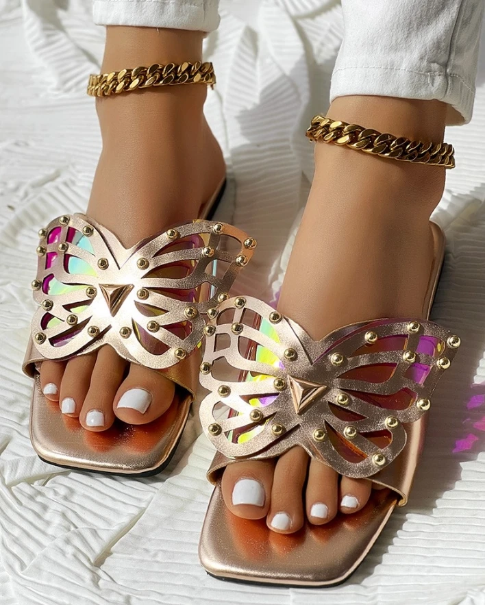 New One Word Square Head Hollow Butterfly Pattern Contrast Splicing Sandals and Slippers for Women