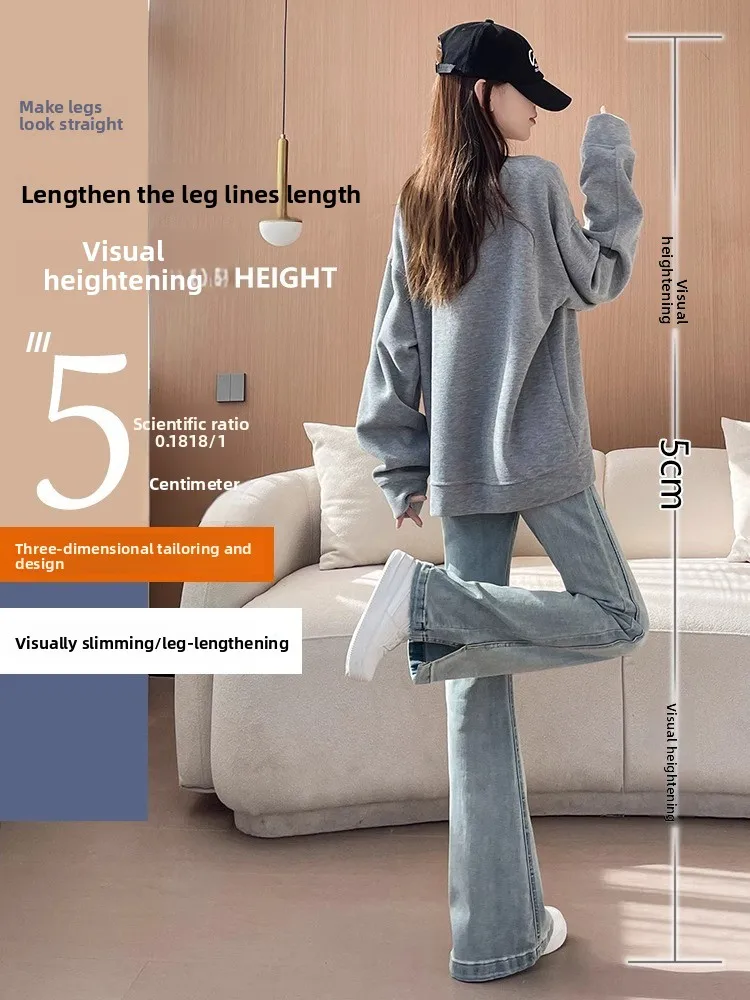 

2025 женские голубые расклешенные джинсы с высокой талией, свободные джинсовые брюки с разрезом по подолу, повседневная модная уличная одежда