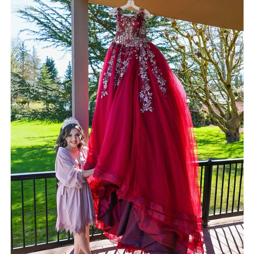 Princess Sparkling Red Quinceanera Dresses Ball Gown Lace Appliques Sweet 16 Birthday Vestidos De 15 Años Birthday Party Dress