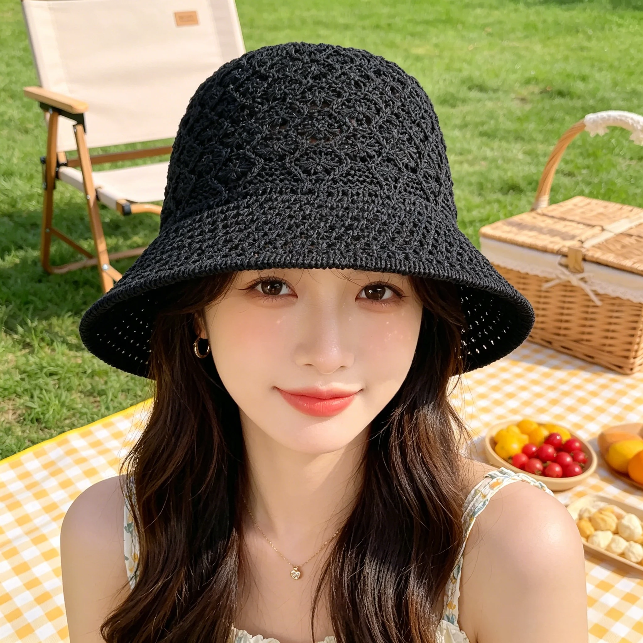 Hollow-Out Knitted Breathable Fisherman's Hat for Women, Thin Summer Style, Foldable Sunshade Hat, Lightweight and Comfortable to Wear Without Causing Sweatiness, Suitable for Beach Trips, Lawn Picnics, Girls' Gatherings, Daily Shopping, and Commuting Walks