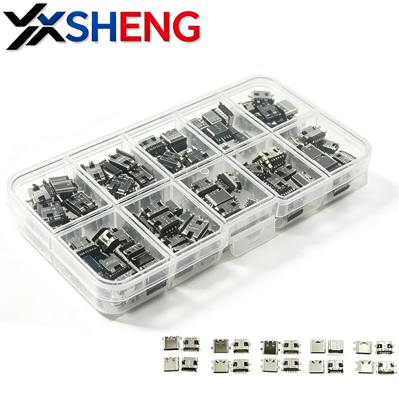 100PCS/Box Type C USB Charging Jack Welding Connector USB-C Socket For Mobile Phone PCB DIY Repair KIT