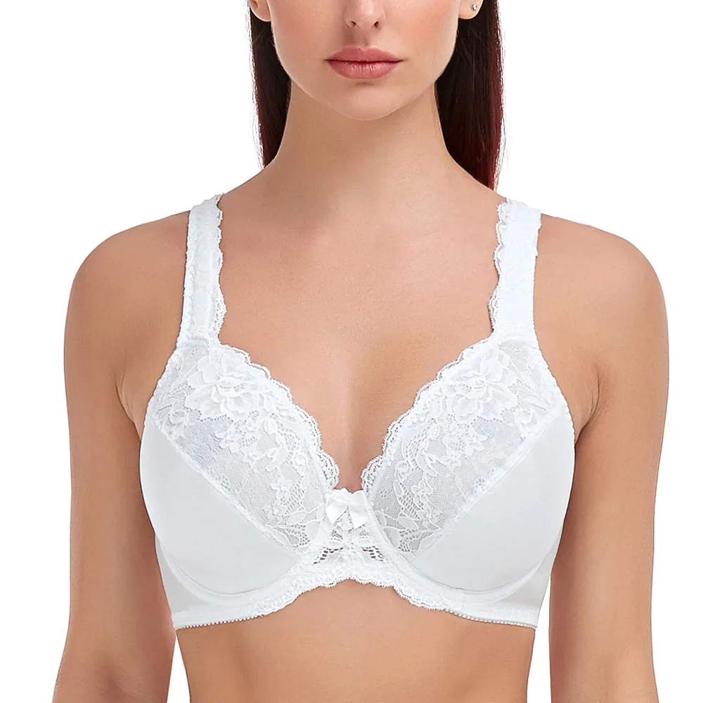 Big White Sexy Lace Bras For Women Perspective Bra Underwired Floral Bralette Full Coverage Thin Plus Size Bra C D E F G H I J