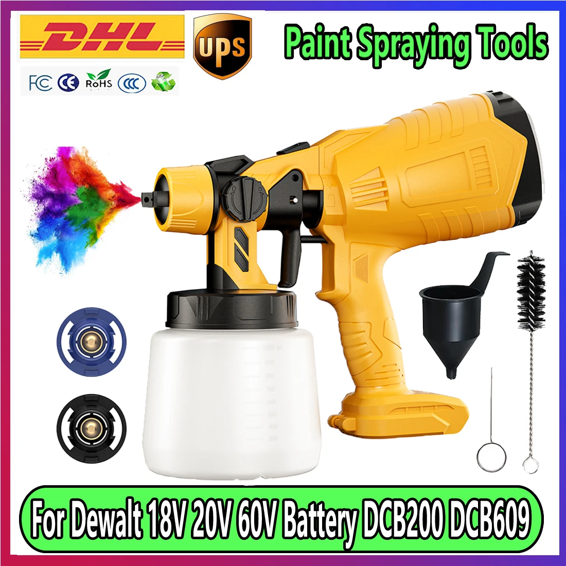 

Cordless Paint Sprayer For Dewalt20V Battery 1L Capacity Container Spray Paint Gun 2 Nozzles 3 Patterns Furniture House Painting