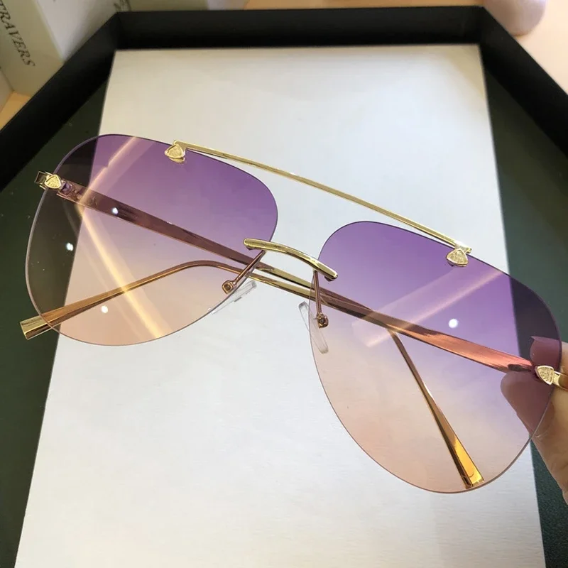 Vintage Rimless Alloy Aviation Pilot Sunglasses for Men Brand Gradient Sun Glasses Female Metal Oval Shades Black Brown view 6