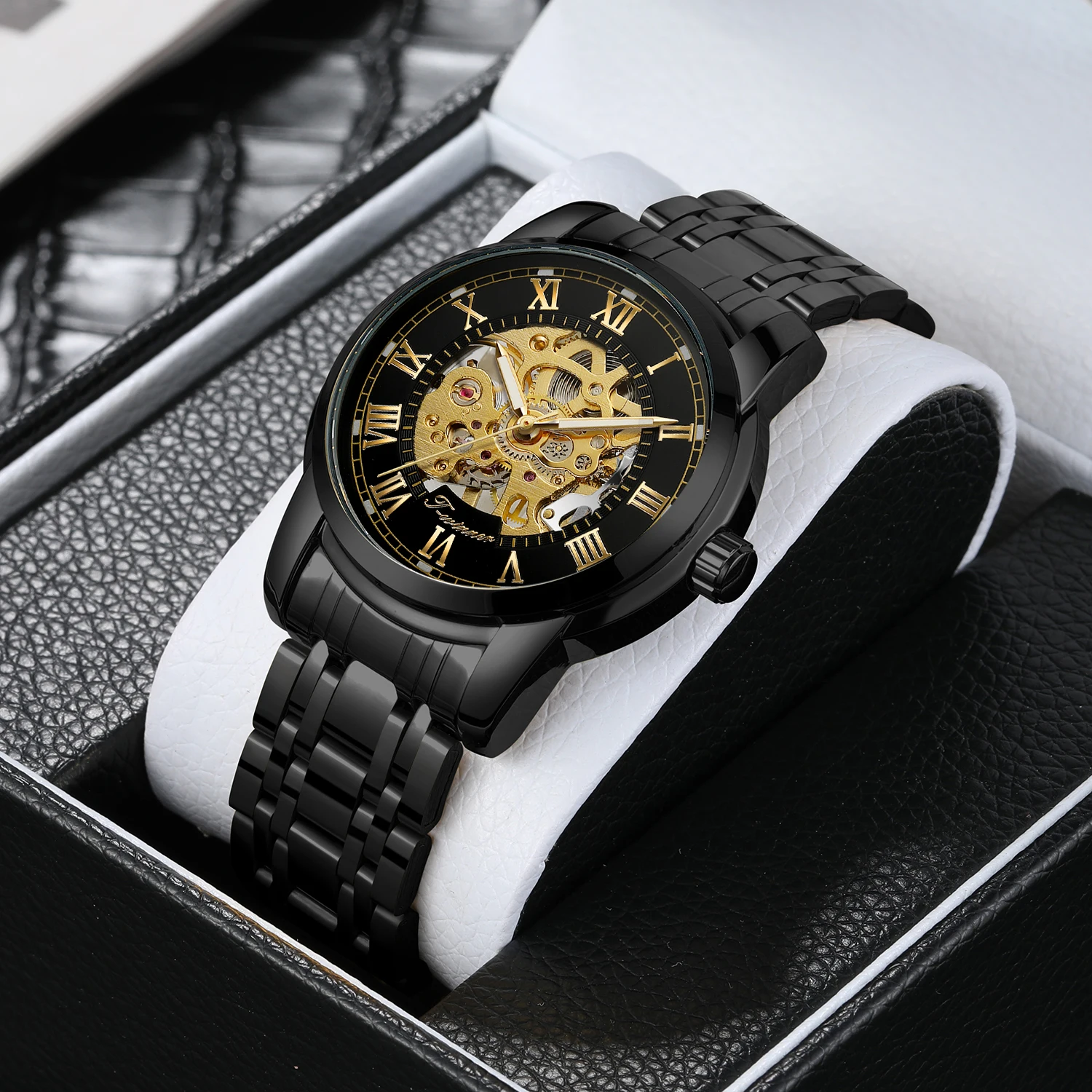 T-Winner Mechanical Men Watch Skeleton Flywheel Waterproof Hollow Out Stainless Steel Band Lover Watches For Husband BoyFriend