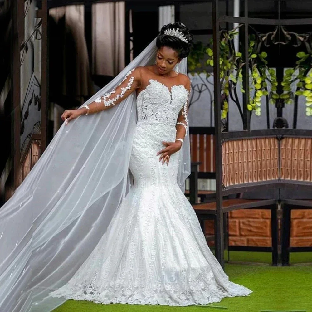 Vestido de novia personalizado árabe de Dubái, sirena africana, mangas largas, Apliques de encaje con cuentas, tren de barrido de tul desnudo, vestido de boda blanco