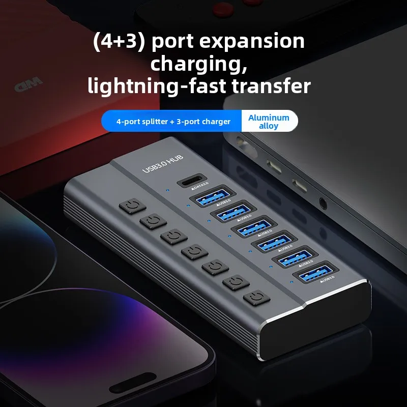7-in-1 Docking Station, 7-Port Splitter USB3.0 Hub, Computer Notebook Docking Station with Independent Switch, with Power Supply