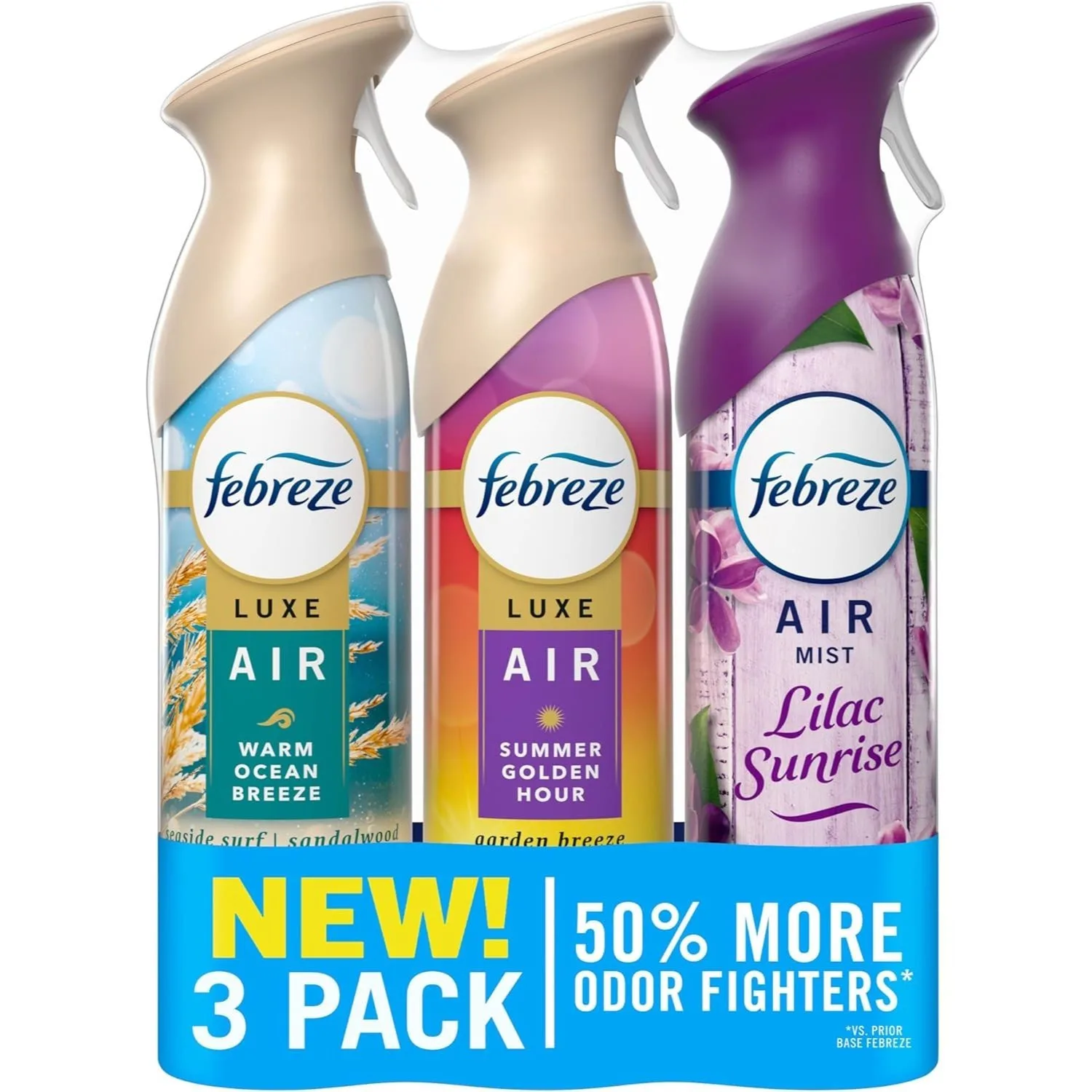 

Air Freshener, Odor Fighting Room Spray, Deodorizer for Home Bathroom Kitchen Office Apartment, Lilac Sunrise, Warm Ocean Breeze, Summer Golden Hour Variety Pack, 8.1oz (Pack of 3)