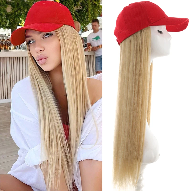 

Female long straight hair red duckbill cap wig integrated