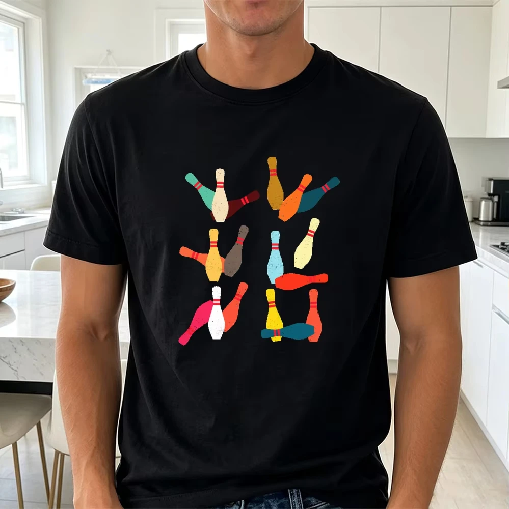Mixed Color Cartoon Bowling Pins Men T-Shirt Sports Gym Tee Top Gaming Club Outfit Casual Leisure Shirt for Men