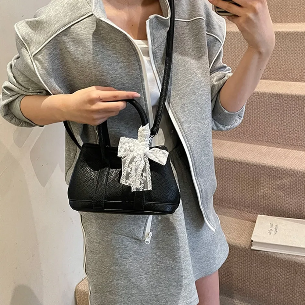 

Lychee Texture Women's Handbag Elegant Soft Bucket Crossbody Bag Storage Bag Lace Bow Pendant PU Leather Shoulder Bag Travel