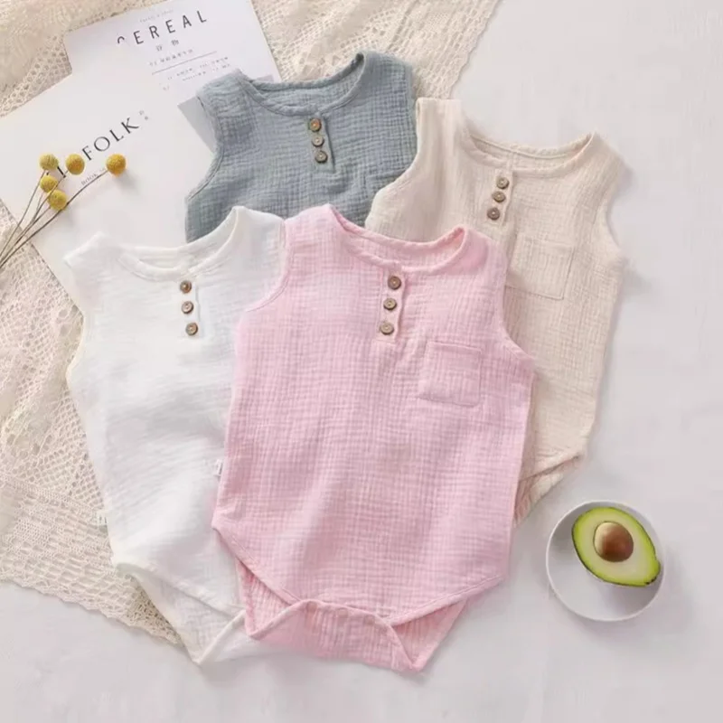 

Summer 0-3Y Newborn Cotton Gauze Bodysuit Baby Girl Boy Sleeveless Button Design Romper Soft Breathable Infant One-piece Clothes