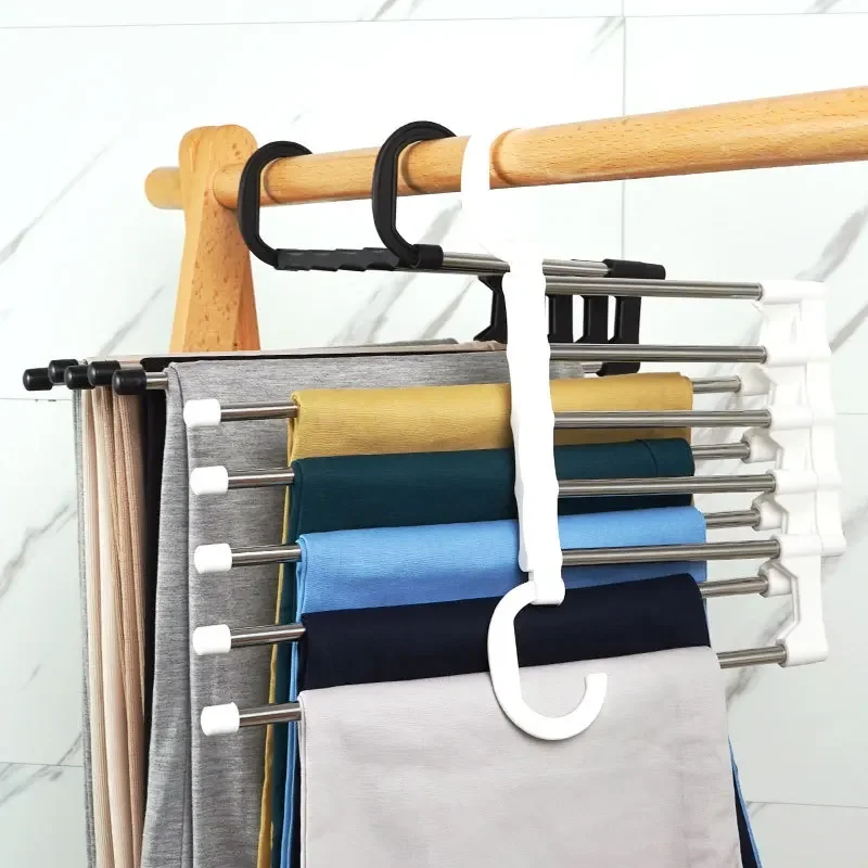 Multifunctional Clothes Rack Stainless Steel Five In One Telescopic Clothes Rack Storage Folding Multi-Layer With Hooks -1 piece