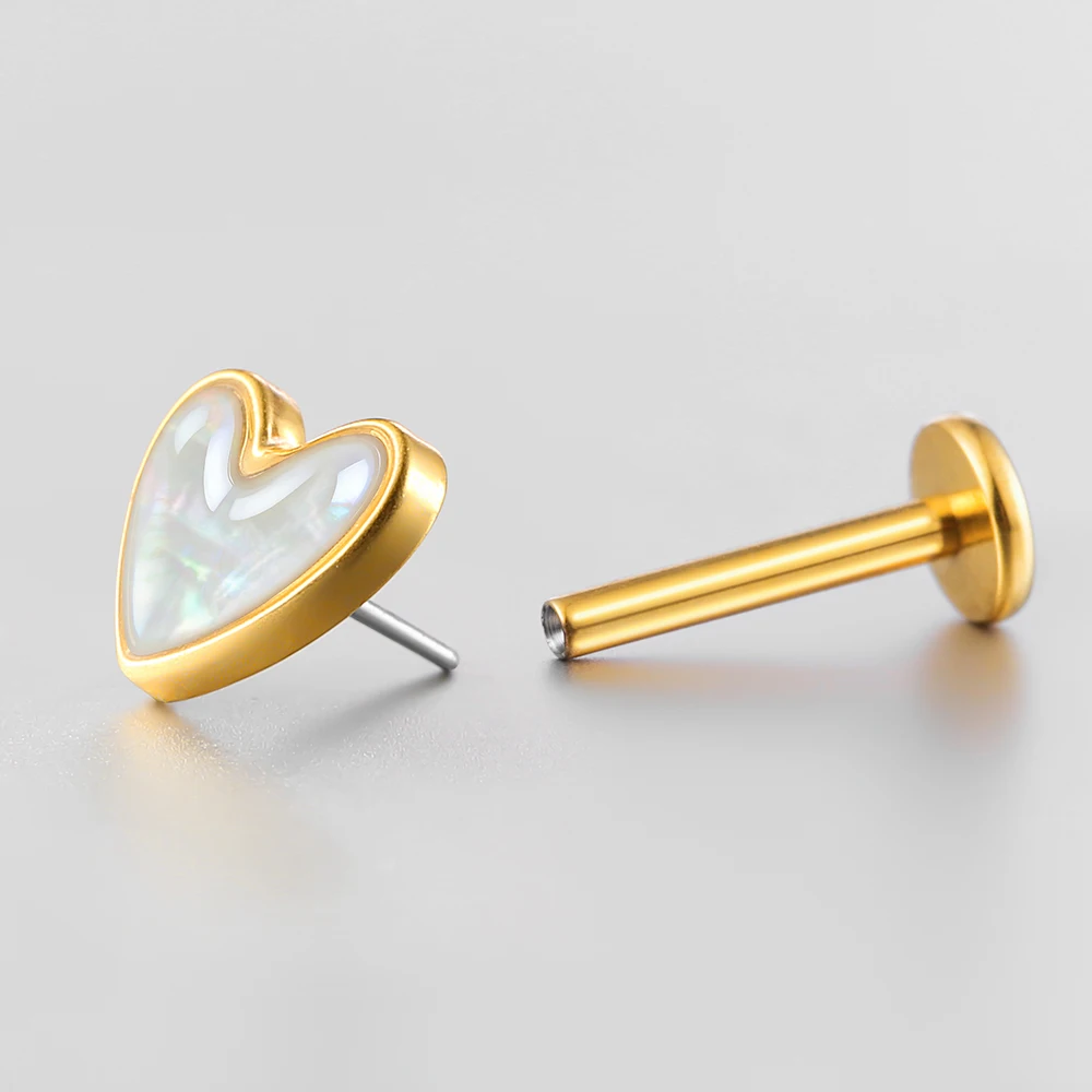 Titanium Shell Heart Flat Back Labret Piercing Studs, Body Jewelry