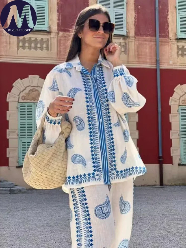 

2 Piece Sets Woman Outfit Summer New Casual Printed Long Sleeves Tops Suits Fashionable Loose High Waist Wide Leg Pants Sets