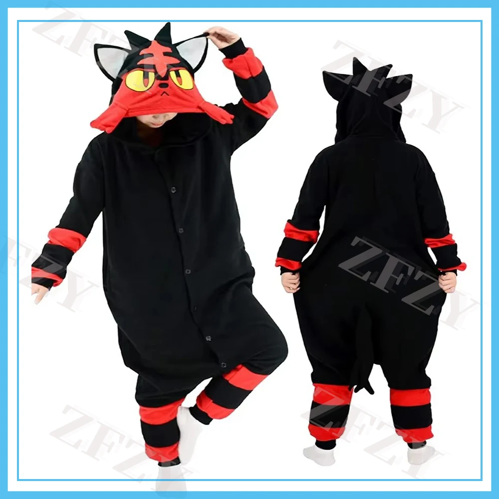 Pokemen Onesie Litten Kigurumi Cat Anime Pijama Jumpsuit Halloween Christmas Cosplay Costume Party Outfit Clothing Decoration