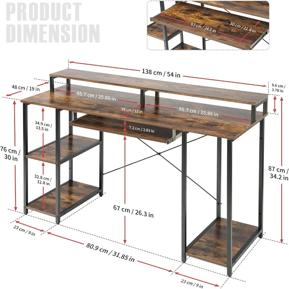 Computer Desk with Storage Shelves/24.5in Keyboard Tray/Monitor Stand Study Table for Home Office(54*19inch