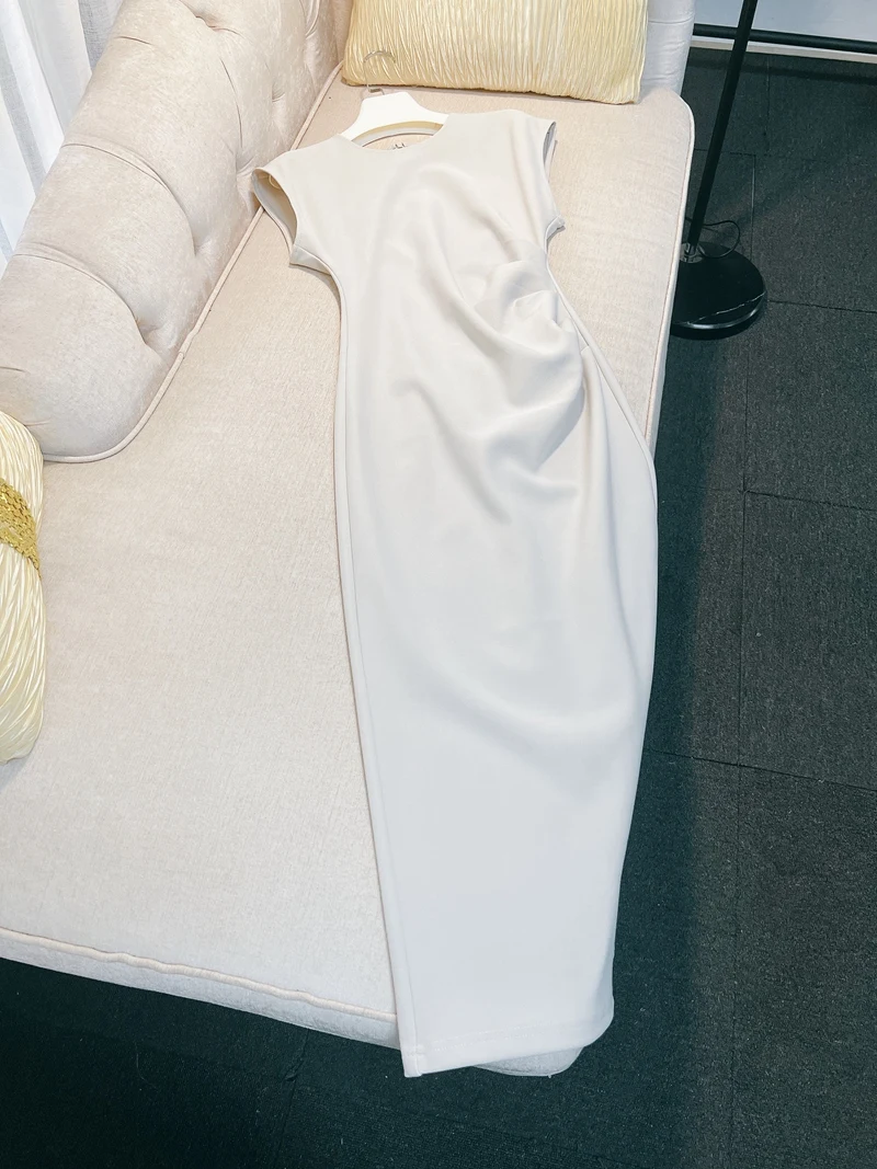 

Ele High Waist Long Svel Dr Simple round Ne Pleated Commute Polyester Summer Faion Women's Dr