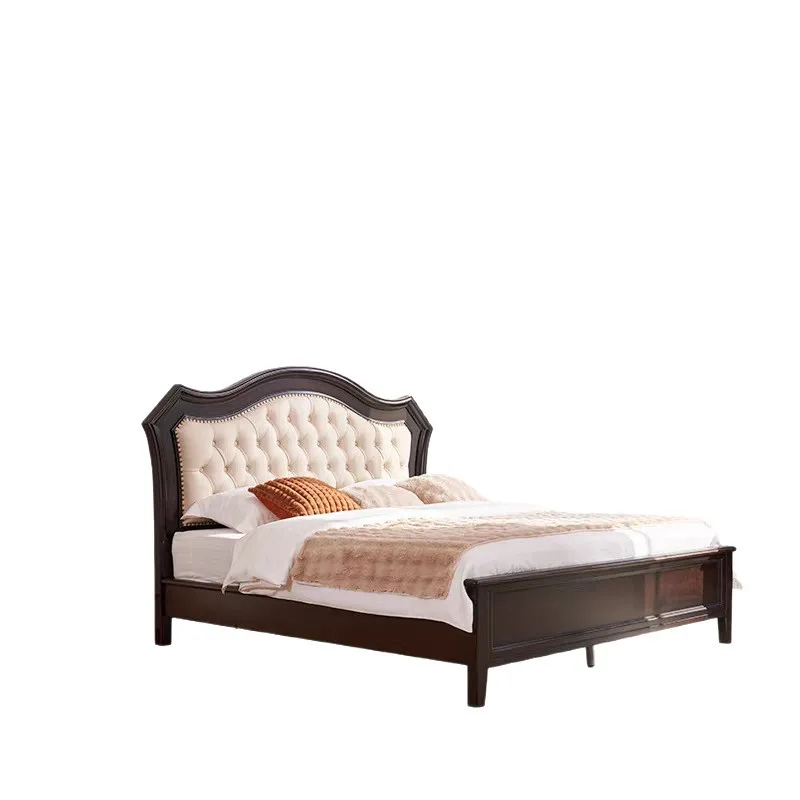 

Retro black solid wood bed master bedroom double 1.8 meters leather soft bed European simple wedding bed bedroom furniture