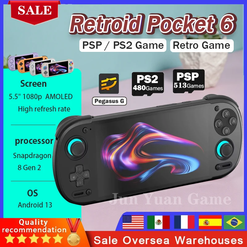 

Retroid Pocket 6 RP6 Handheld Game Console 5.5 Inch 1080P 120Hz AMOLED Screen Android13 8GEN2 6000mAh Hall-Effect Trigger