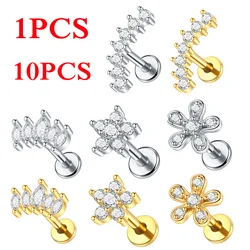 1/10pcs Stainless Steel Zircon Flower Labret Stud Piercing Jewelry Internaly Threaded Cartilage Tragus Conch Stud Earrings