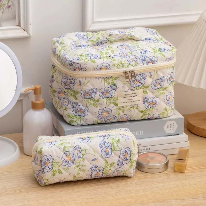 3Pcs/Set Cotton Cosmetic Bag Print Floral Cotton Quilted Makeup Bag Aesthetic Women's Large Capacity Toiletry Organizer