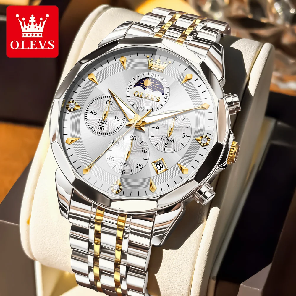 OLEVS Moon Phase Men's Watches Prism Mirror Waterproof Quartz Watch Luminous Stainless steel Calendar Watch for Man Chronograph