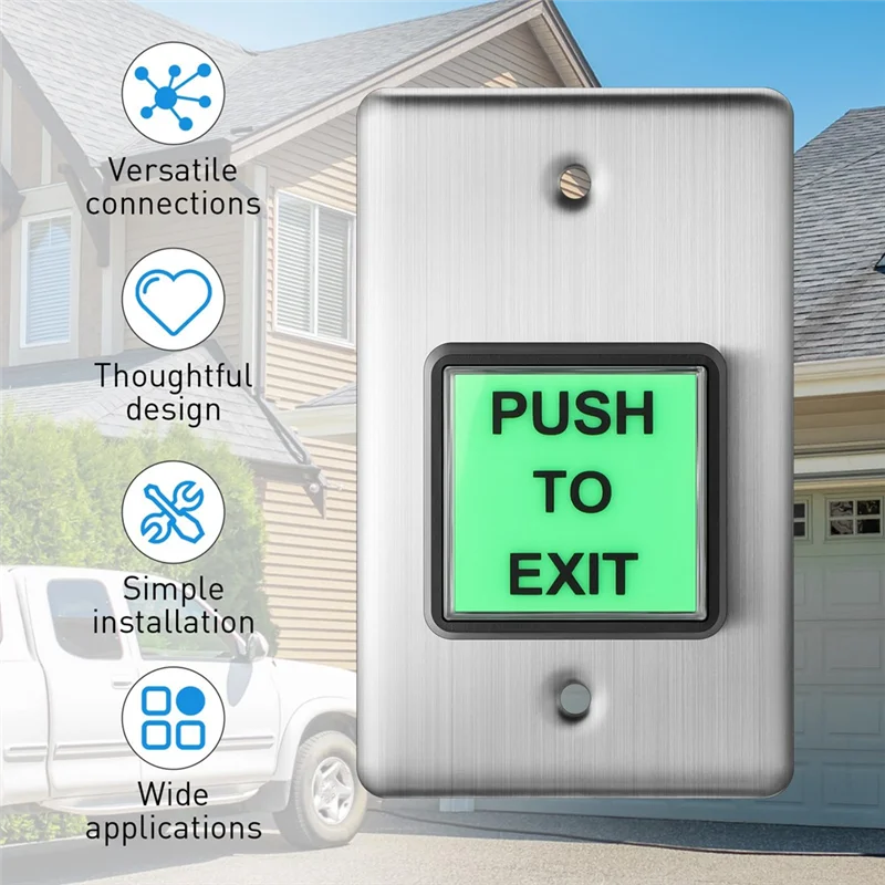 A19F-2 Pcs Push To Exit Button With Green LED Push To Exit Button Switch Stainless Steel Wall Plate For Indoor Use