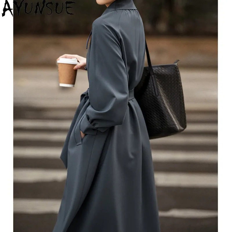AYUNSUE Trench Coat Woman Korean Style Lantern-sleeve Windbreaker Fashion Long Outerwears Spring Autumn Jacket Woman Clothes