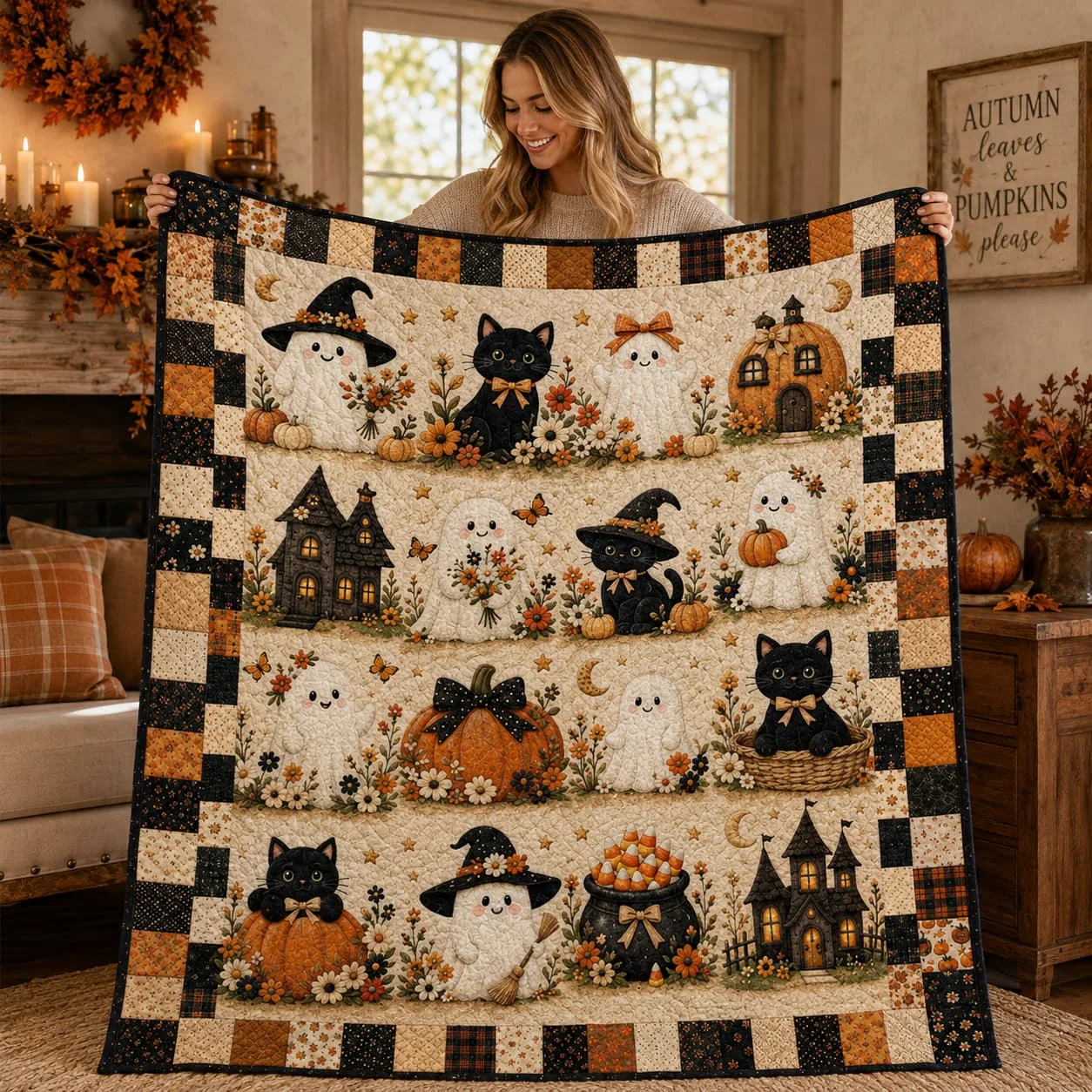 Halloween Quilt Blanket with Cute Black Cats, Pumpkins, Ghost, Witch Hat, Moon and Candles, Cozy Autumn Throw for Bed Sofa Room Decor