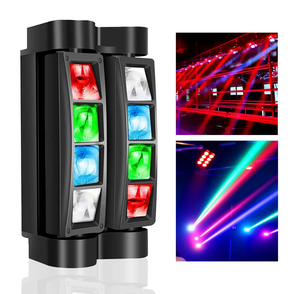

8 Eyes Spiderlike Moving Head Light DJ Disco Party Stage Light RGBW Sound Activated DMX Control Strobe Beam Light for Event Show