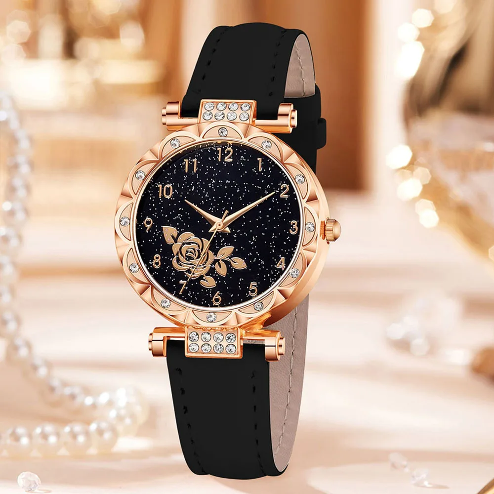 7PC Women's Watch Set Fashionable and Elegant Flower Element Dial Quartz Watch Bracelet Necklace Ring Earrings Set Perfect Gift