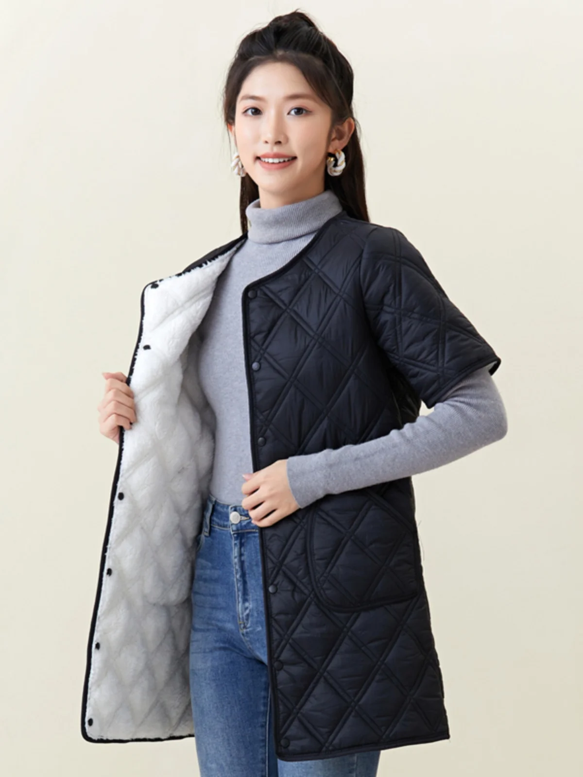 الدفء Thiened طويل خروف المخملية سترة المرأة Faionable جديد Sle أمي الدافئة بال Jaet f Sve تخفيف Sle #4