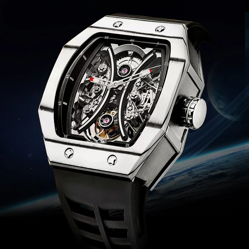 Richard tourbillon movimento esqueleto relógio para homem luminoso luxo esportes designer mecânico à prova dwaterproof água relógios forma barril 20
