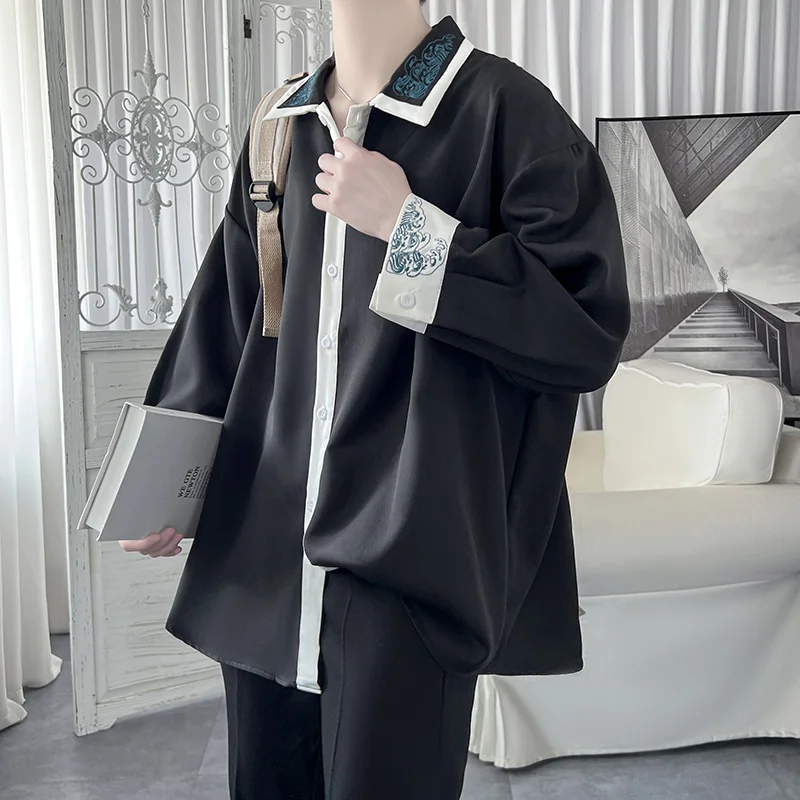 

Повседневная мужская рубашка с длинным рукавом, вышитая, модная, брендовая, весенне-осенняя, премиум-класса, в уличном стиле, для мальчиков, верхняя одежда